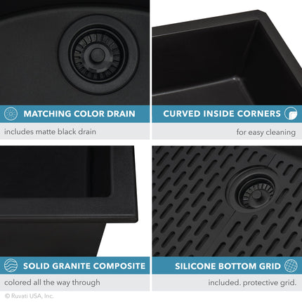 Ruvati 27 x 18 inch Granite Composite Undermount Single Bowl Kitchen Sink - Midnight Black - RVG2027BK Ruvati