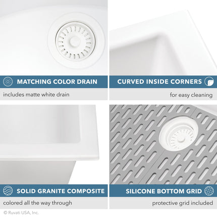 Ruvati 27 x 18 inch Granite Composite Undermount Single Bowl Kitchen Sink - Arctic White - RVG2027WH Ruvati