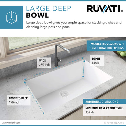 Ruvati 30 x 18 inch Granite Composite Undermount Single Bowl Kitchen Sink - Arctic White - RVG2030WH Ruvati