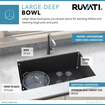 Ruvati 32 x 19 inch epiGranite Undermount Granite Composite Single Bowl Kitchen Sink - Midnight Black - RVG2033BK Ruvati