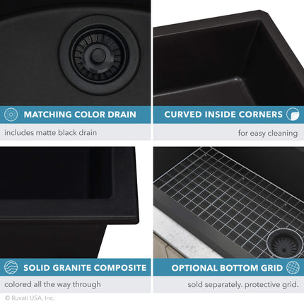 Ruvati 32 x 19 inch epiGranite Undermount Granite Composite Single Bowl Kitchen Sink - Midnight Black - RVG2033BK Ruvati