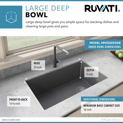Ruvati 32 x 19 inch epiGranite Undermount Granite Composite Single Bowl Kitchen Sink - Urban Gray - RVG2033GR Ruvati