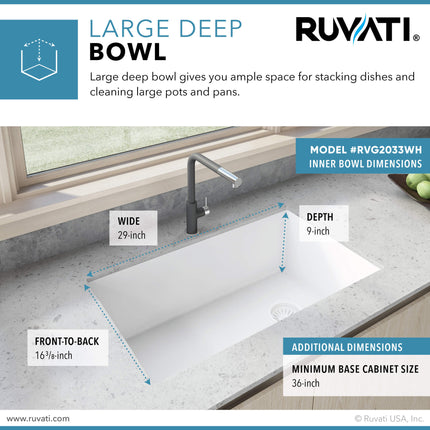 Ruvati 32 x 19 inch epiGranite Undermount Granite Composite Single Bowl Kitchen Sink - Arctic White - RVG2033WH Ruvati