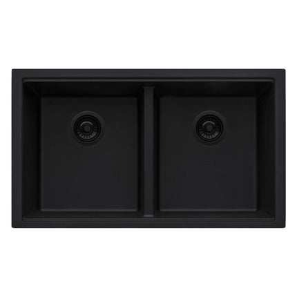 Ruvati 33 x 19 inch Granite Composite Undermount Low Divide Double Bowl Kitchen Sink - Midnight Black - RVG2385BK Ruvati