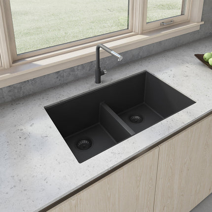 Ruvati 33 x 19 inch Granite Composite Undermount Low Divide Double Bowl Kitchen Sink - Midnight Black - RVG2385BK Ruvati