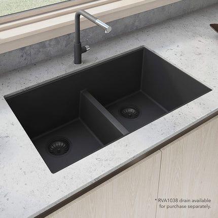 Ruvati 33 x 19 inch Granite Composite Undermount Low Divide Double Bowl Kitchen Sink - Midnight Black - RVG2385BK Ruvati