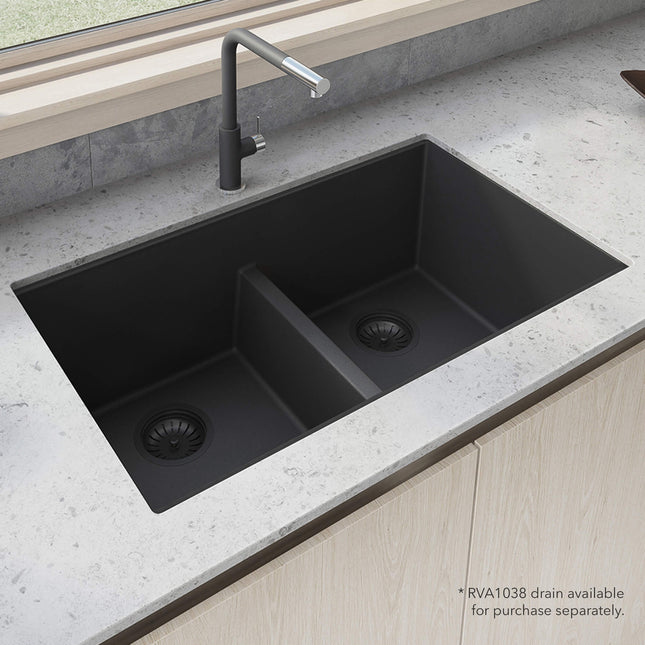 Ruvati 33 x 19 inch Granite Composite Undermount Low Divide Double Bowl Kitchen Sink - Midnight Black - RVG2385BK Ruvati