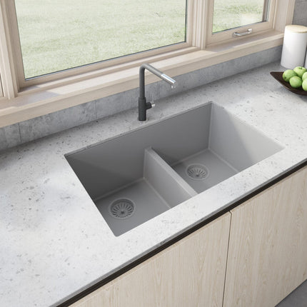 Ruvati 33 x 19 inch Granite Composite Undermount Double Bowl Low Divide Kitchen Sink - Silver Gray - RVG2385GR Ruvati