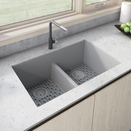 Ruvati 33 x 19 inch Granite Composite Undermount Double Bowl Low Divide Kitchen Sink - Silver Gray - RVG2385GR Ruvati