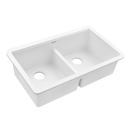 Ruvati 33 x 19 inch Granite Composite Undermount Double Bowl Low Divide Kitchen Sink - Arctic White - RVG2385WH Ruvati