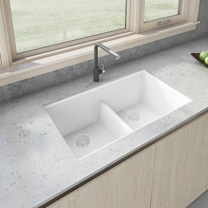 Ruvati 33 x 19 inch Granite Composite Undermount Double Bowl Low Divide Kitchen Sink - Arctic White - RVG2385WH Ruvati