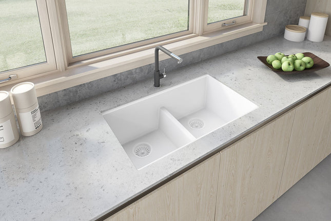 Ruvati 33 x 19 inch Granite Composite Undermount Double Bowl Low Divide Kitchen Sink - Arctic White - RVG2385WH Ruvati