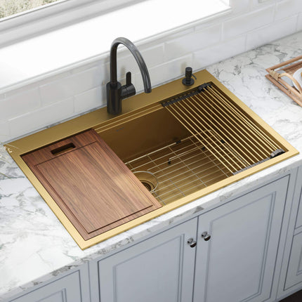 Ruvati 33 inch Polished Brass Matte Gold Workstation Drop-in Topmount Kitchen Sink Single Bowl - RVH5003GG Ruvati