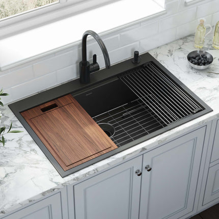 Ruvati 33 inch Gunmetal Black Stainless Steel Workstation Drop-in Topmount Kitchen Sink Single Bowl - RVH5003BL Ruvati