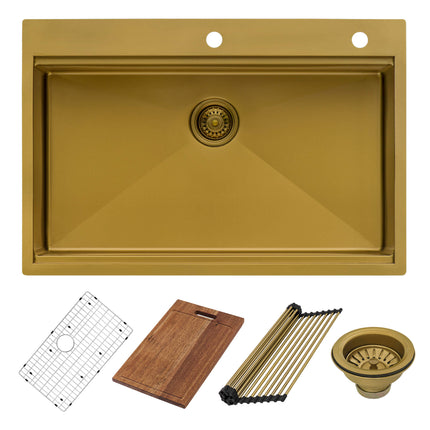 Ruvati 33 inch Polished Brass Matte Gold Workstation Drop-in Topmount Kitchen Sink Single Bowl - RVH5003GG Ruvati