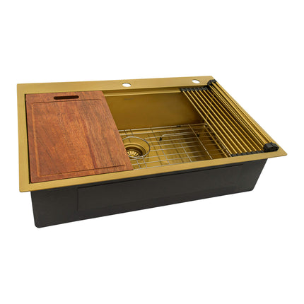 Ruvati 33 inch Polished Brass Matte Gold Workstation Drop-in Topmount Kitchen Sink Single Bowl - RVH5003GG Ruvati
