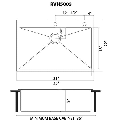 Ruvati 33 x 22 inch Gunmetal Black Stainless Steel Drop-in Topmount Kitchen Sink 16 Gauge Single Bowl - RVH5005BL Ruvati
