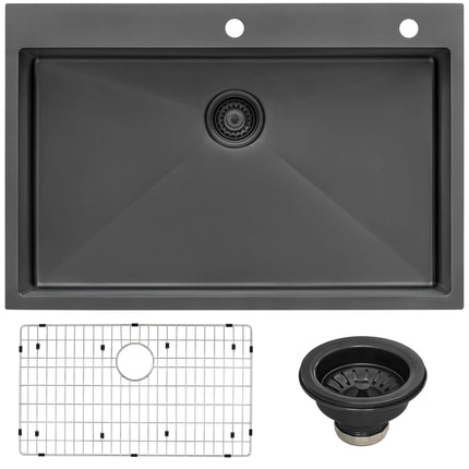 Ruvati 33 x 22 inch Gunmetal Black Stainless Steel Drop-in Topmount Kitchen Sink 16 Gauge Single Bowl - RVH5005BL Ruvati