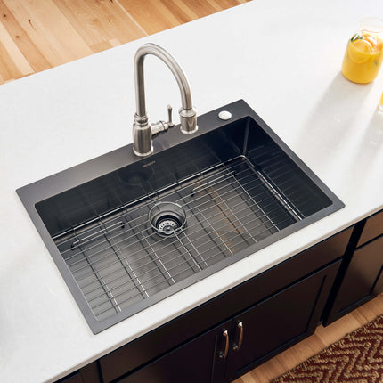 Ruvati 33 x 22 inch Gunmetal Black Stainless Steel Drop-in Topmount Kitchen Sink 16 Gauge Single Bowl - RVH5005BL Ruvati