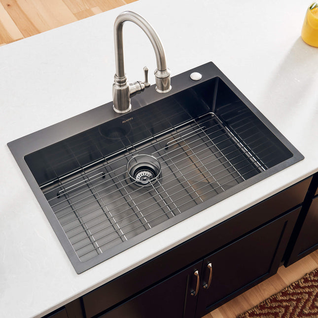 Ruvati 33 x 22 inch Gunmetal Black Stainless Steel Drop-in Topmount Kitchen Sink 16 Gauge Single Bowl - RVH5005BL Ruvati