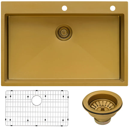 Ruvati 33 x 22 inch Satin Brass Matte Gold Stainless Steel Drop-in Topmount Kitchen Sink Single Bowl - RVH5005GG Ruvati