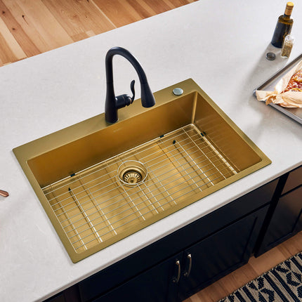 Ruvati 33 x 22 inch Satin Brass Matte Gold Stainless Steel Drop-in Topmount Kitchen Sink Single Bowl - RVH5005GG Ruvati
