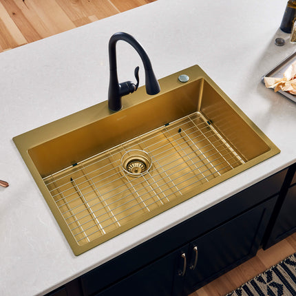 Ruvati 33 x 22 inch Satin Brass Matte Gold Stainless Steel Drop-in Topmount Kitchen Sink Single Bowl - RVH5005GG Ruvati