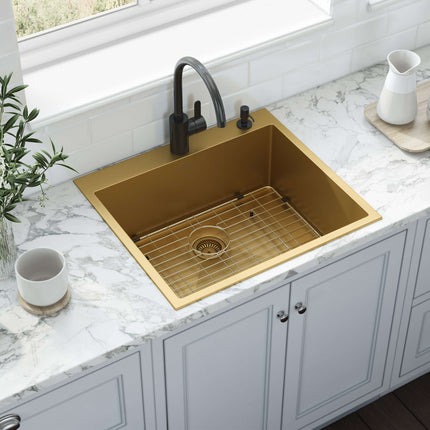 Ruvati 25 inch Polished Brass Matte Gold Drop-in Topmount Kitchen Sink Single Bowl - RVH5007GG Ruvati