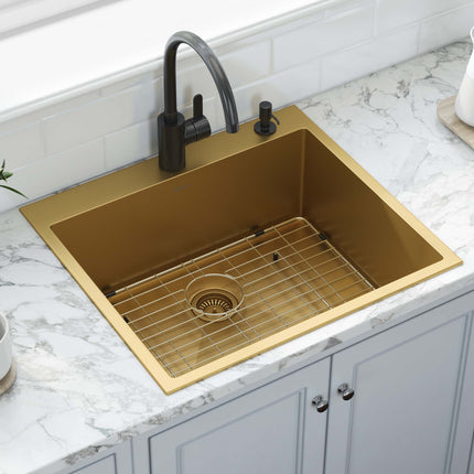 Ruvati 25 inch Polished Brass Matte Gold Drop-in Topmount Kitchen Sink Single Bowl - RVH5007GG Ruvati