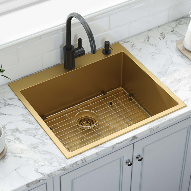 Ruvati 25 inch Polished Brass Matte Gold Drop-in Topmount Kitchen Sink Single Bowl - RVH5007GG Ruvati