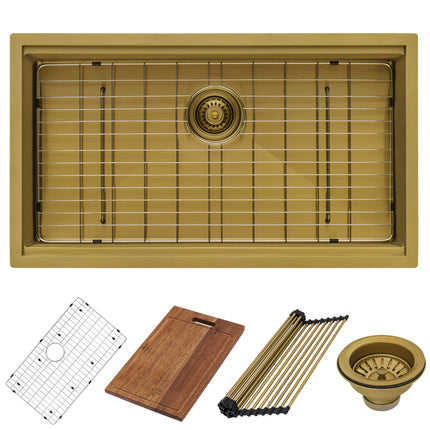 Ruvati 27 inch Polished Brass Matte Gold Workstation Undermount Kitchen Sink Single Bowl - RVH6527GG Ruvati