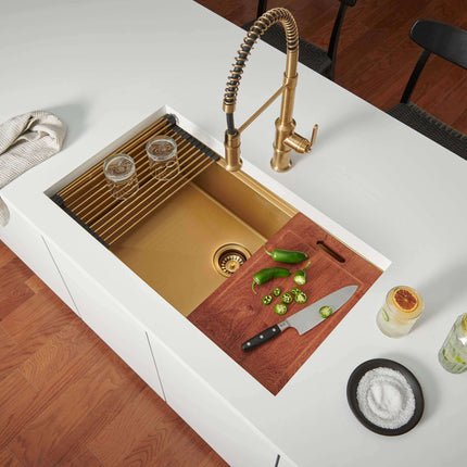 Ruvati 33 inch Polished Brass Matte Gold Workstation Undermount Kitchen Sink Single Bowl - RVH6533GG Ruvati