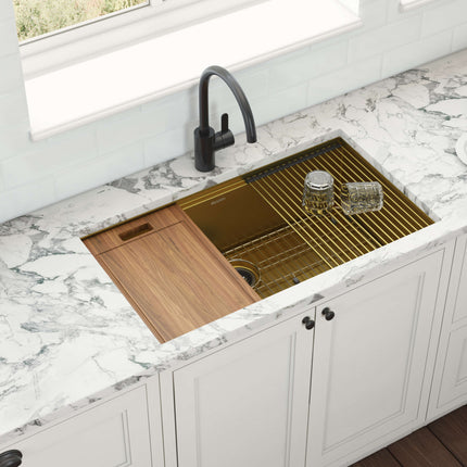 Ruvati 27 inch Polished Brass Matte Gold Workstation Undermount Kitchen Sink Single Bowl - RVH6527GG Ruvati