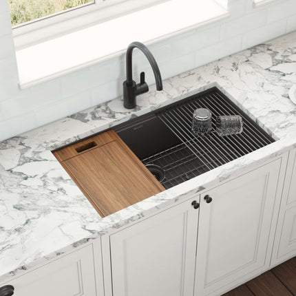 Ruvati 33 inch Gunmetal Black Stainless Steel Workstation Undermount Kitchen Sink Single Bowl - RVH6533BL Ruvati