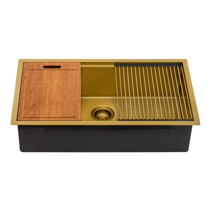 Ruvati 33 inch Polished Brass Matte Gold Workstation Undermount Kitchen Sink Single Bowl - RVH6533GG Ruvati