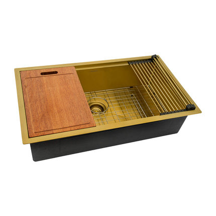 Ruvati 33 inch Polished Brass Matte Gold Workstation Undermount Kitchen Sink Single Bowl - RVH6533GG Ruvati