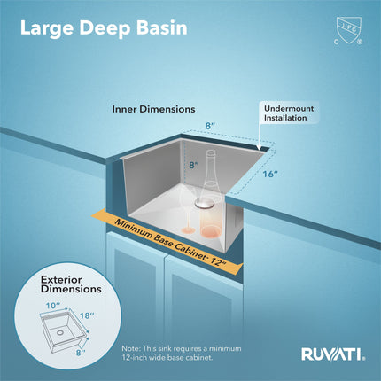 Ruvati 10 inch Undermount Bar Prep 16 Gauge Kitchen Sink Round Corners Stainless Steel Single Bowl - RVH7010 Ruvati