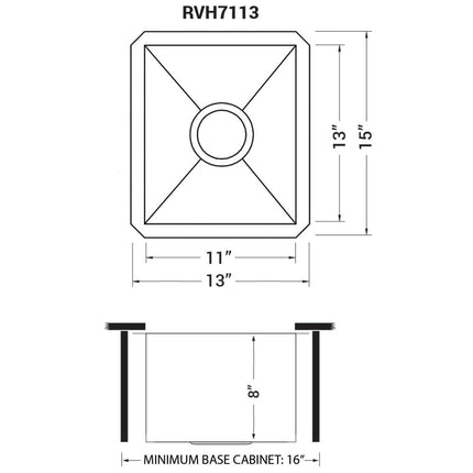 Ruvati 13 x 15 inch Undermount 16 Gauge Zero Radius Bar Prep Kitchen Sink Stainless Steel Single Bowl - RVH7113 Ruvati