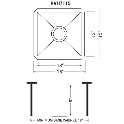 Ruvati 15 x 15 inch Undermount 16 Gauge Zero Radius Bar Prep Square Kitchen Sink Single Bowl - RVH7115 Ruvati
