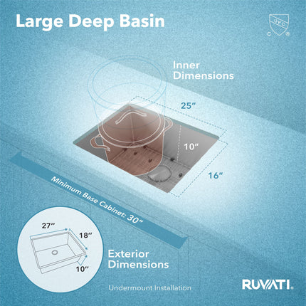 Ruvati 27-inch Undermount 16 Gauge Stainless Steel Kitchen Sink Rounded Corners Single Bowl - RVH7127 Ruvati