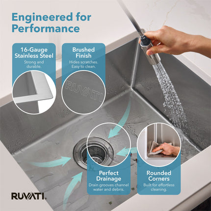Ruvati 27-inch Undermount 16 Gauge Stainless Steel Kitchen Sink Rounded Corners Single Bowl - RVH7127 Ruvati