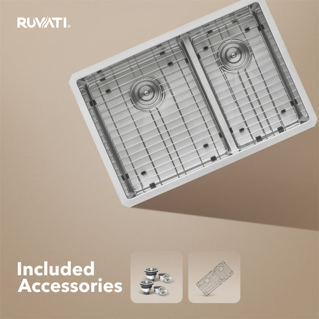 Ruvati 28-inch Low-Divide Undermount 60/40 Double Bowl Rounded Corners 16 Gauge Stainless Steel Kitchen Sink - RVH7255 Ruvati