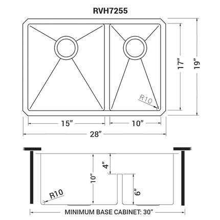 Ruvati 28-inch Low-Divide Undermount 60/40 Double Bowl Rounded Corners 16 Gauge Stainless Steel Kitchen Sink - RVH7255 Ruvati