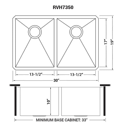 Ruvati 30-inch Undermount 50/50 Double Bowl Zero Radius 16 Gauge Stainless Steel Kitchen Sink - RVH7350 Ruvati