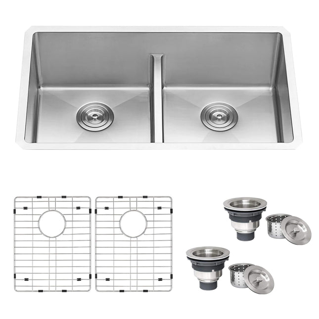 Ruvati 30-inch Low-Divide Undermount Rounded Corners 50/50 Double Bowl 16 Gauge Stainless Steel Kitchen Sink - RVH7355 Ruvati