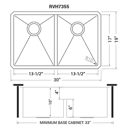 Ruvati 30-inch Low-Divide Undermount Rounded Corners 50/50 Double Bowl 16 Gauge Stainless Steel Kitchen Sink - RVH7355 Ruvati