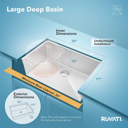 Ruvati 32-inch Undermount 16 Gauge Rounded Corners Kitchen Sink Stainless Steel Single Bowl - RVH7400 Ruvati