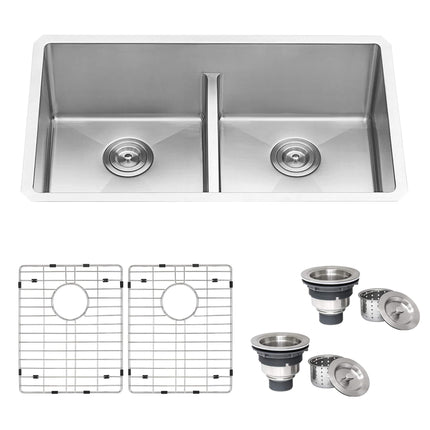 Ruvati 32-inch Low-Divide Undermount 50/50 Double Bowl 16 Gauge Rounded Corners Stainless Steel Kitchen Sink - RVH7411 Ruvati