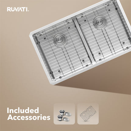Ruvati 32-inch Low-Divide Undermount 50/50 Double Bowl 16 Gauge Rounded Corners Stainless Steel Kitchen Sink - RVH7411 Ruvati
