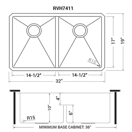 Ruvati 32-inch Low-Divide Undermount 50/50 Double Bowl 16 Gauge Rounded Corners Stainless Steel Kitchen Sink - RVH7411 Ruvati